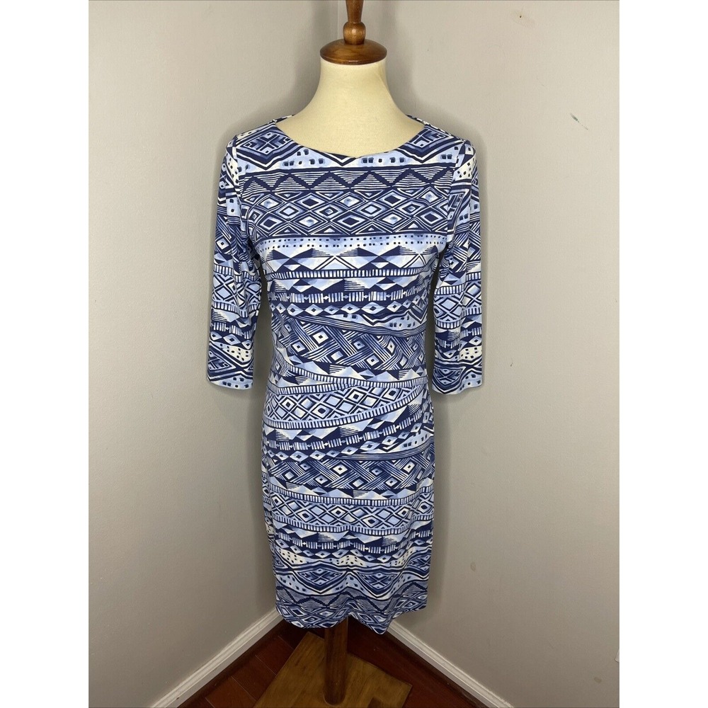 J MCLAUGHLIN NICOLA Small Blue Geo Print Tiered Catalina Cloth 3/4‎ Sleeve Dress
